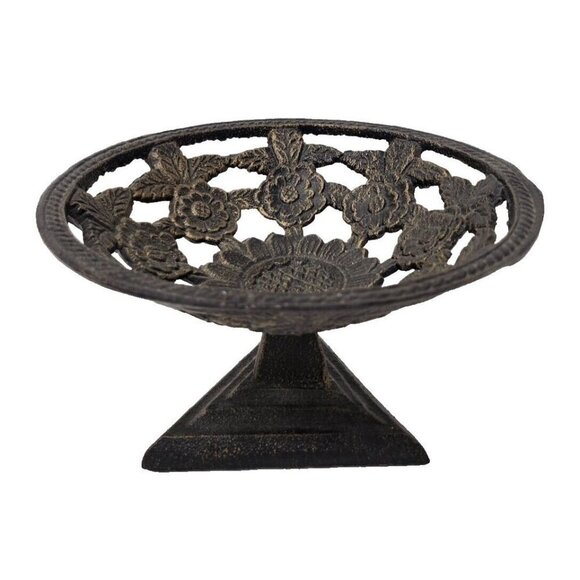 Vintage Cast Iron Decorative Pedestal Bowl Centerpiece Ornate Floral Design MCM - Picture 1 of 9